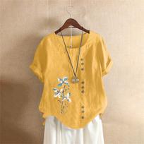 2025 Summer Retro Plus Size Casual Loose Cotton Linen Short Sleeve Pullover T-Shirt for Women M
