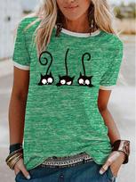 Women's Funny Cat Print Contrast Trim Short Sleeve T-Shirt XXL