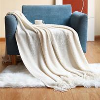 Megztas vaflių rašto sofa užmetamas pledas biurui ir poguliui. 70x240CM with Fringe, 500g smėlis
