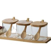 Stiklainių rinkinys prieskoniams su mediniu šaukšteliu ir dangteliu Single Square Seasoning Jar white