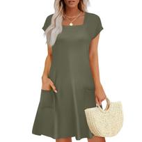 Summer Dresses for Women Loose Square Neck Cap Sleeve Casual Beach Vacation Tshirt Dress Sundresses with Pockets L armijos žalia spalva