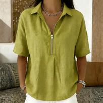 Women’s Linen Short Sleeve Shirt with Half Zip Front Collar Loose Fit Lightweight Casual Top Blouse for Summer XL