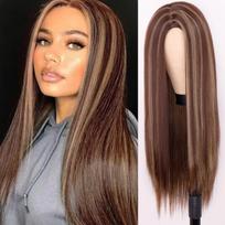 MISS WIG Long Straight Mid-point Wig Mixed Dark Brown and Blonde Two-color Wigs Suitable for Black/White Women Daily/Cosplay Wigs