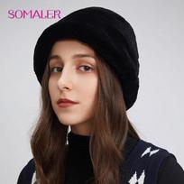 SOMALER Women Real Fur Bucket Hats Winter Whole Rabbit Fur Warm Lining Beanie Girl Bonnets Fashion Female Beanies juoda