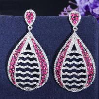 WWJ Luxury Wedding Pave Rose Red Cubic Zirconia Water Drop Earrings rožinė raudona spalva
