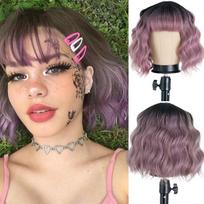 MERISIHAIR trumpas banguotas perukas su kirpčiukais Black Ombre violetiniai sintetiniai perukai moterims Natūralūs juodi plaukai Bob perukai karščiui atsparus pluoštas beige
