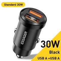 Essager 30W USB automobilinis įkroviklis Quick Charge4.0 Qc Pd 3.0 Scp 5A USB Type C automobilinis greitas įkrovimas iPhone 14 13 Huawei Samsung Xiaomi Black DOUBLE USBA