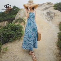 Women's Summer New Lazy French Style Strap Backless Strap Dress Retro Blue Mid-length Holiday Dress S mėlyna