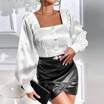 Blusas Vintage Satin Blouse Long Sleeve Shirt Casual Loose Tops Lady French Square Collar Shirt Top Fashion Woman Clothes 28011 XL balta
