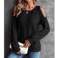 2023 Fashion O-neck Pullover Autumn/Winter Off Shoulder Button Long Sleeve T-shirt Casual Solid  Color Loose Tops Women 28754 S juoda