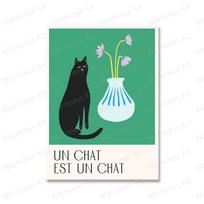 Prancūzų juodos katės ir augalo gėlių plakatas Šiaurės šalių sienų meno aliejinė tapyba 21cm×30cm NoFrame