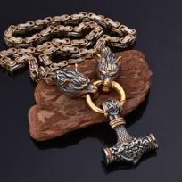 Nauji Šiaurės šalių vyriški 316 l nerūdijančio plieno imperatoriaus grandinės dominuojantys vilko galvos karoliai Viking Thunder Hammer juvelyriniai pakabukai Golden