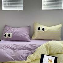 Dopamine Big Eyes Striped Yellow and Fairy Purple Cotton Four-piece Set Washed Cotton Quilt Cover Sheets 1.2m bed sheet 3pcs gray