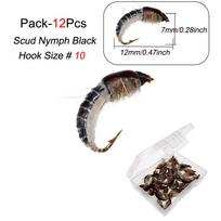 12/24pcs Realistic Scud Nymph Black Fly For Fishing Trout Artificial Insect Bait 12Pcs-Size 10(No Box) gray
