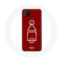 Coque Xiaomi Redmi 9C Squid Game logo symboles cercle carre triangle Fond Rouge raudona
