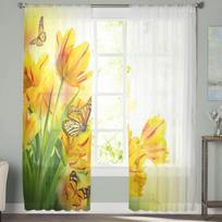 Red Tulips And Butterfly Sheer Curtains Bedroom Voile Curtain Living Room Window Sheer Curtains Kitchen Tulle Drapes 135W x 114H(cm) white