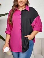Drop Shoulder Roll Up Long Sleeve Shirt Women Spring Colorblock Casual Button Down Tops Loose Office Lady Fashion Blouses 2024 XL juoda/rožinė