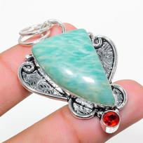 Natural Amazonite, Garnet Gemstone 925 Sterling Silver Pendant 2.05  Q9e87