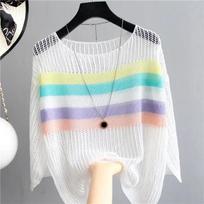 Spring and Summer Hollow Knitted Sunscreen Jacket Top Women's Loose Thin Color Stripes S balta
