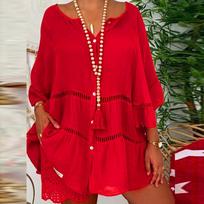 Women Flare Sleeve Shirt Oversized Hallow Out Loose Blouses Solid Color Yellow White Buttoned Ruffle Plus Size Tops S raudona
