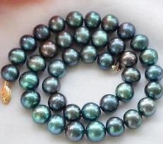 Fine jewelry 17  10mm natural round peacock black freshwater pearls necklace