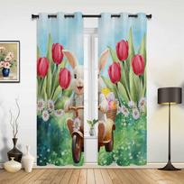 Easter Bunny Tulips Daisies Window Curtains for Living Room Bedroom Curtain Modern Kitchen Blinds Drapes Curtains 135W x 60H(cm) x1 beige