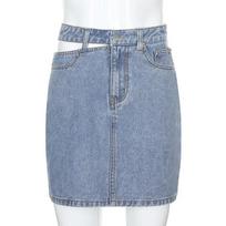 Single Side Hollowed Out Denim Bustier Skirt High Waist Thin Casual Package Hip Cowboy Skirt Short Skirt Female L mėlyna