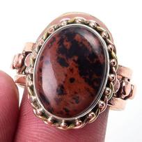 Natūralus raudonmedžio obsidiano brangakmenis 925 svarų sterlingų sidabro dviejų tonų žiedas Dydis 9 t8y16 black