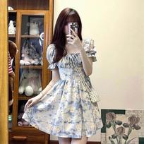 Lazy Style French Style Square Collar Puff Sleeve Floral Dress Women's Summer Holiday Style Tight Waist A- Line Short Skirt S mėlyna