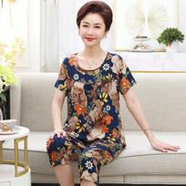 Women Summer Soft Stylish Elastic Waist Sleeping Suit Mid Aged T Shirt Pants Set Clothes Mother Pajamas XXXXL