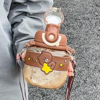 Kawaii Bear Plastic Water Bottle For Children Student Big Belly Double Drink Straw Cup Large Capacity School Leakproof Kettle 701-800ml brown