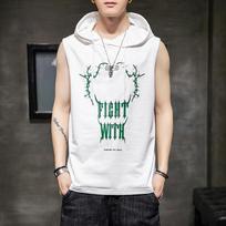 Summer Sleeveless Hooded T-shirt for Men's Trendy Brand Printed Pure Cotton Loose Casual Hooded Vest for Men's Camisole XXL geltona