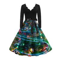 Women Christmas Print Flare Dress Long Sleeve O-Neck Dress Party Casual Dresses L