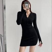 Sexy Girl Style Zipper Half-high Neck Bag Hip Short Skirt Female Autumn and Winter Long-sleeved Knitted Little Black Dress Tight Dress XXXL juoda