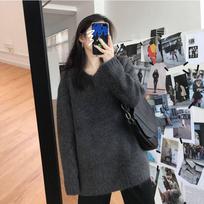 Pofulove Autumn Winter Korean Lazy Sweater Women Loose V-neck Pullover Long Sleeved Sweater XL pilka
