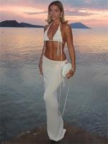 Fashion Applique Sexy Knit Sets Vacation Flower Beach Y2k Summer Vintage Women Outfits Aesthetic Sweet Chic Backless Tassels Sets S smėlis