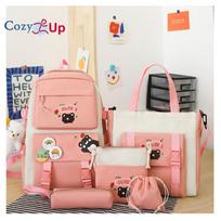Backpack Campus Student Schoolbag Color Matching Simple 5-piece Backpack 43x31x13cm rožinė