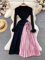Senior Knitted Dress Fashion O Neck Feather Long Sleeve Women Drawstring Color Block Splicing Pleated Long Dress one size juoda