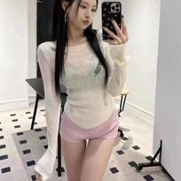 Autumn New See Through Sexy Knitted Sweater Women Fashion Long Sleeve Slim Fit Off Shoulder Pullover Knitwears Tops Round Neck Elegant Jumpers 24824 One Size balta