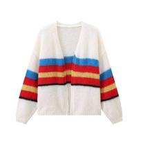 Autumn Korean Chic Colorful Striped Knit Cardigan Women Elegant Loose Long Sleeve Sweet Sweater Female New Design Casual Fashion Outerwear S smėlis