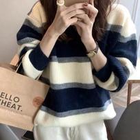 Korean loose slimming lazy striped sweater knitted sweater women wearing new autumn and winter knitted base retro color blocking one size balta