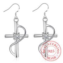 925 Sterling Silver Cross Crystal Vintage Long Drop Dangle Earrings For Women Engagement Wedding Party Jewelry gray
