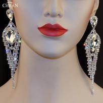 Chran Silver Plated Drop Crystal Dangle Party Jewelry Classic Sparkling Rhinestone Exaggerated Long Tassel Earrings For Women 10cm gray