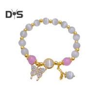 Women Bracelet with Elastic Cord Butterfly Pendant Tassel Faux Opal Contrast Color Good Fortune Symbolization Bestie Birthday Gift Wrist Jewelry C