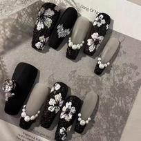 10pcs/set Purely Handmade Phototherapy Wearable Nails Black Rose Wearable Nails Finished Product Reusable Nail Stickers extra small XS gray