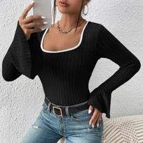 Autumn Square Collar Slim Fit Casual T Shirt for Women Fashion Vintage Flare Long Sleeve T-shirt Women Elegant Solid Winter Base Lady Tee Tops 25178 S juoda