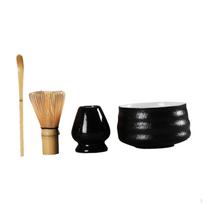 4 dalių japoniškas „Matcha“ ceremonijos rinkinys, skirtas plakimui, keramikiniam dubeniui iš bambuko black teacup