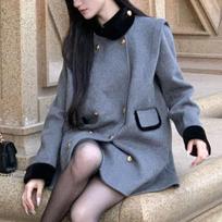 French Retro Loose Stand Collar Jacket Women Elegant Double Breasted Chic Party Coat Korean Fashion Designer Grey Blends Winter S pilka
