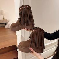 Botas De Mujer Combat Boots for Women Chunky High Heels Cowboy Boots Fringe Retro Goth Ladies Shoes Plus 35