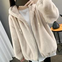 Imitation Lazy Rabbit Fur Coat Women's Mid Length Loose Jacket Thickened Lamb Wool Coat Hooded Warm Plush Coat Winter S smėlis